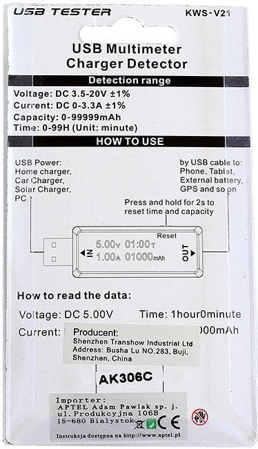 MIERNIK TESTER USB V20 WOLTOMIERZ AMPEROMIERZ 3A