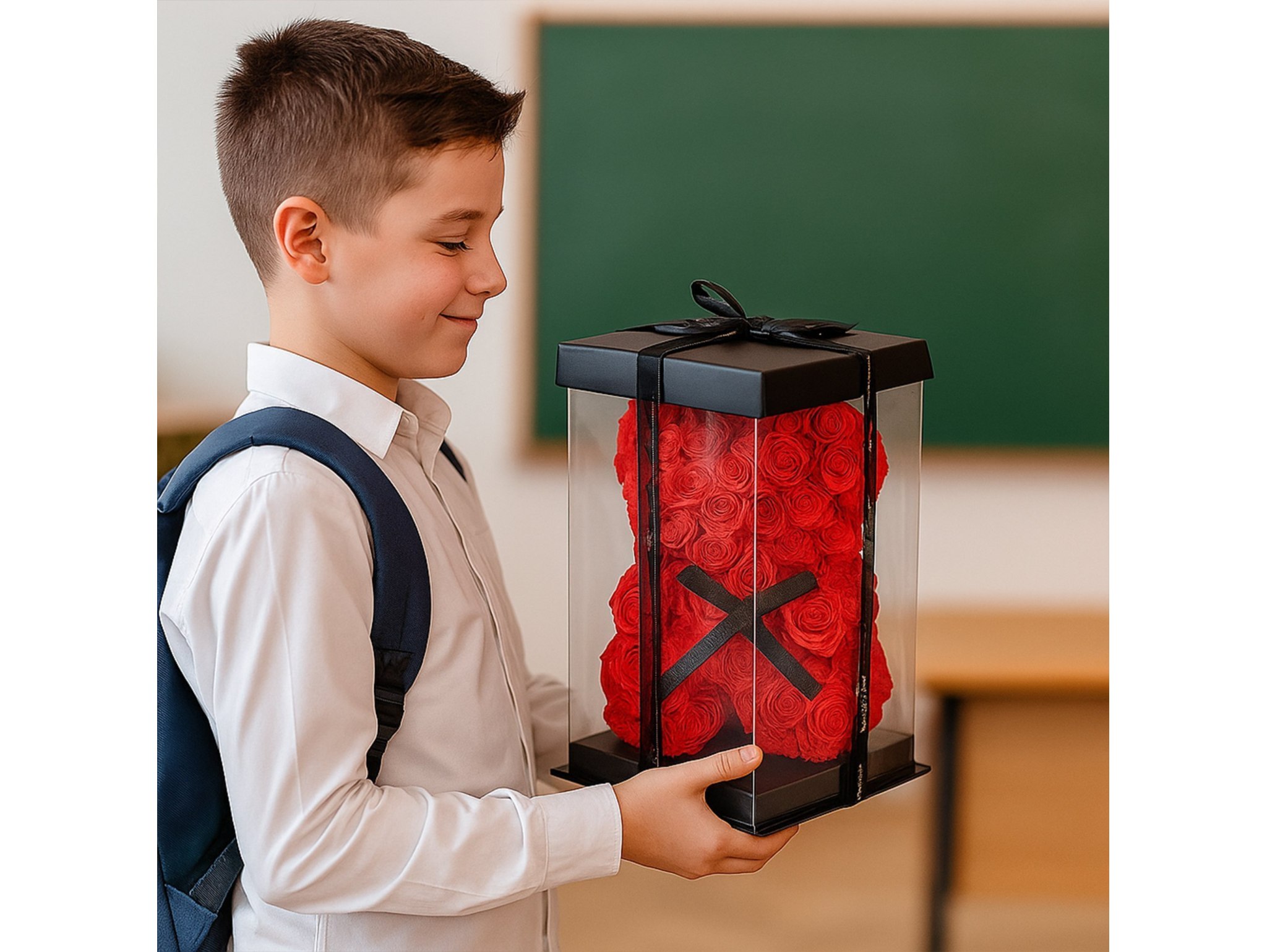 MIŚ Z RÓŻ 25cm + BOX - czerwony bez wstążki