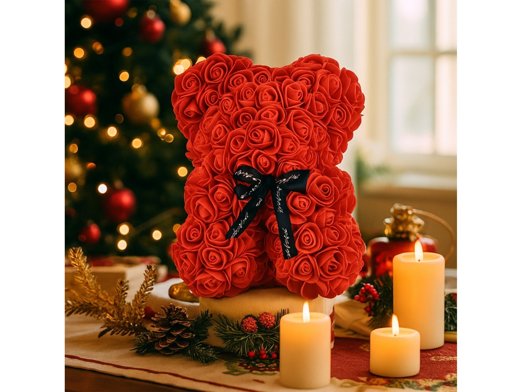 MIŚ Z RÓŻ 25cm + BOX - czerwony bez wstążki