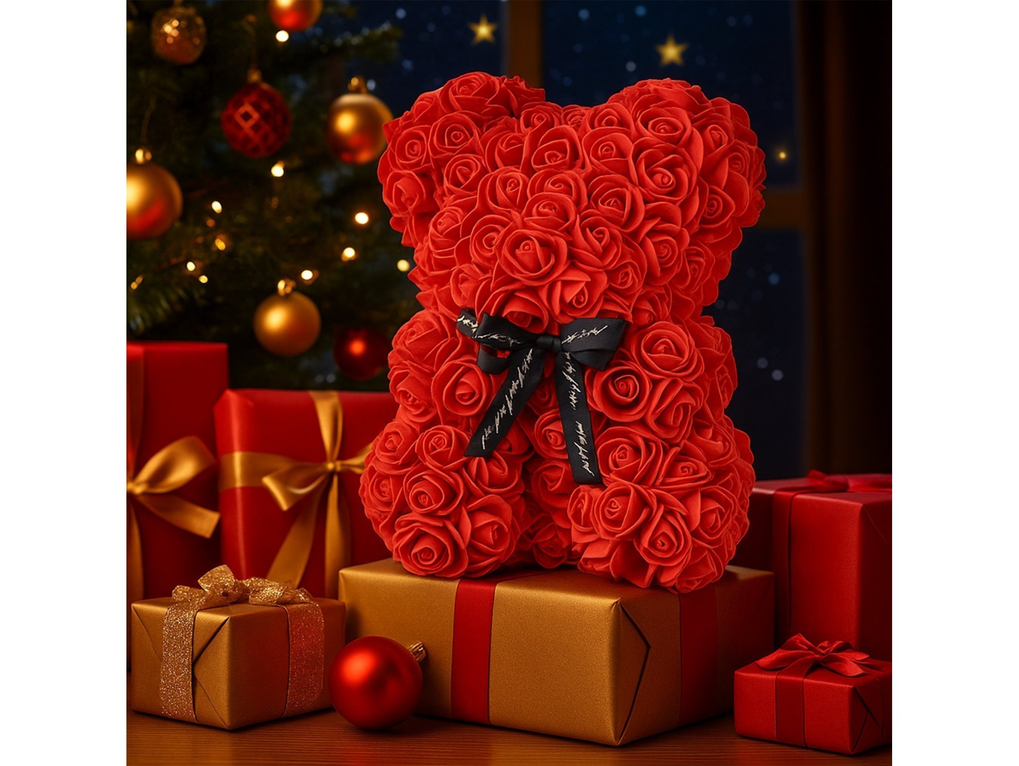 MIŚ Z RÓŻ 25cm + BOX - czerwony bez wstążki