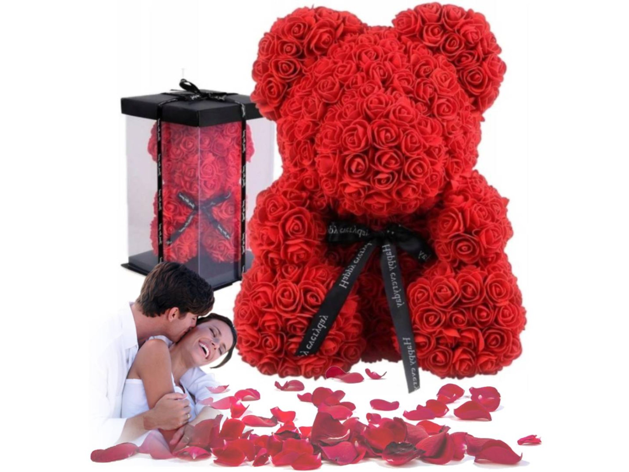 MIŚ Z RÓŻ 25cm + BOX - czerwony bez wstążki