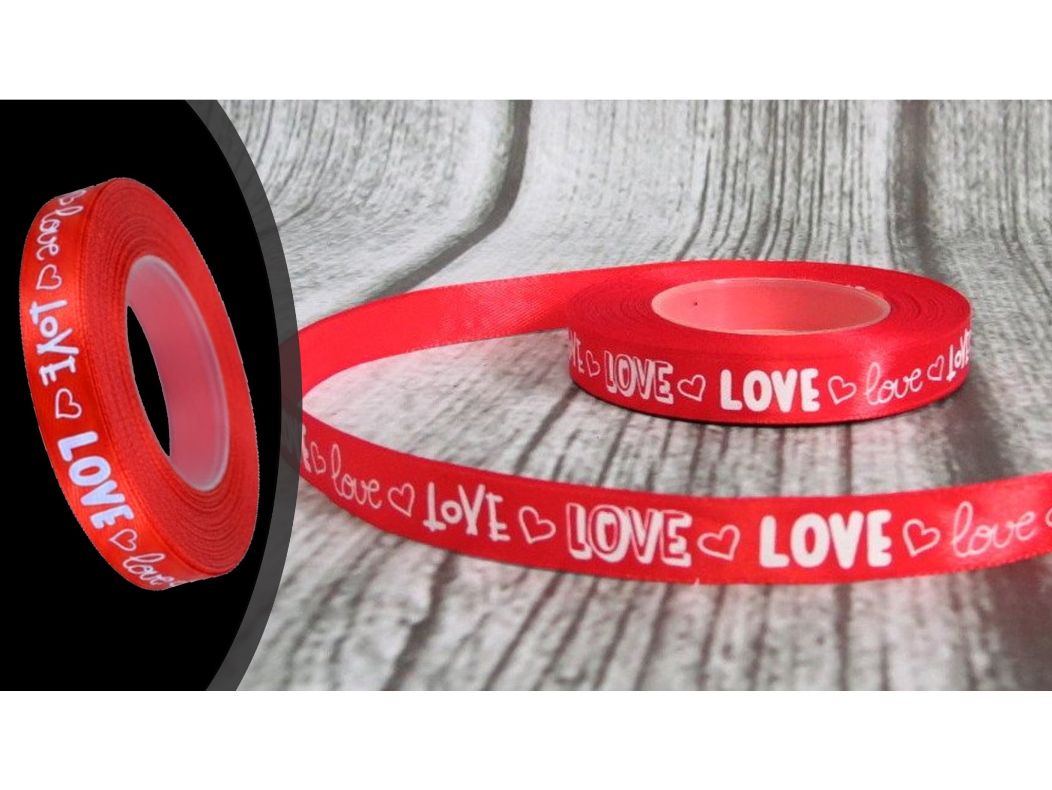 WSTĄŻKA SATYNOWA Z NADRUKIEM LOVE 12mm x 23m