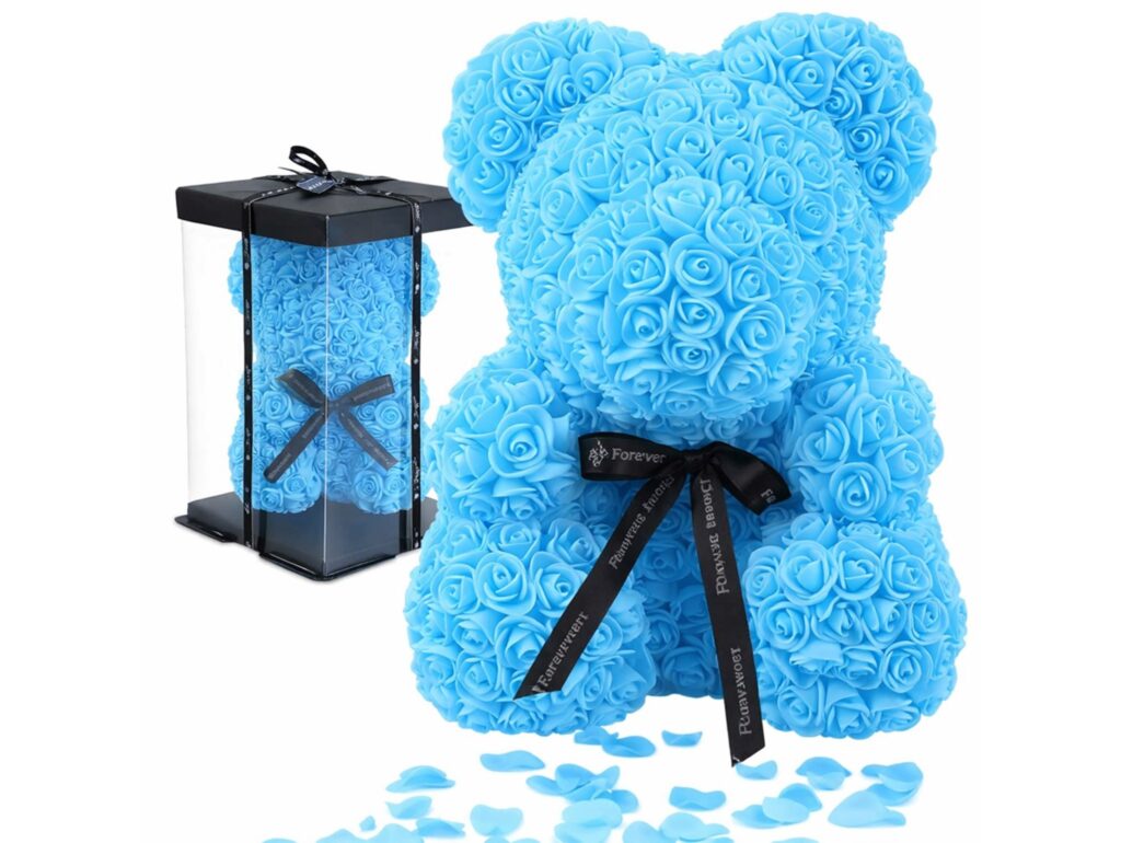 MIŚ Z RÓŻ 25cm + BOX - niebieski
