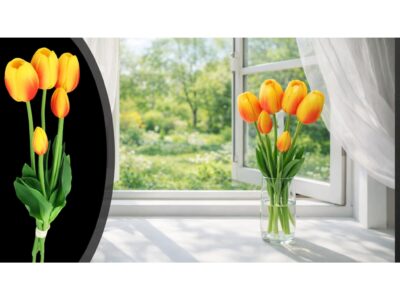 TULIPAN BUKIET SZTUCZNY GUMOWY 46CM (3 kwiaty 5x4cm + pąki) POMARAŃCZOWO-BIAŁY 3SZT