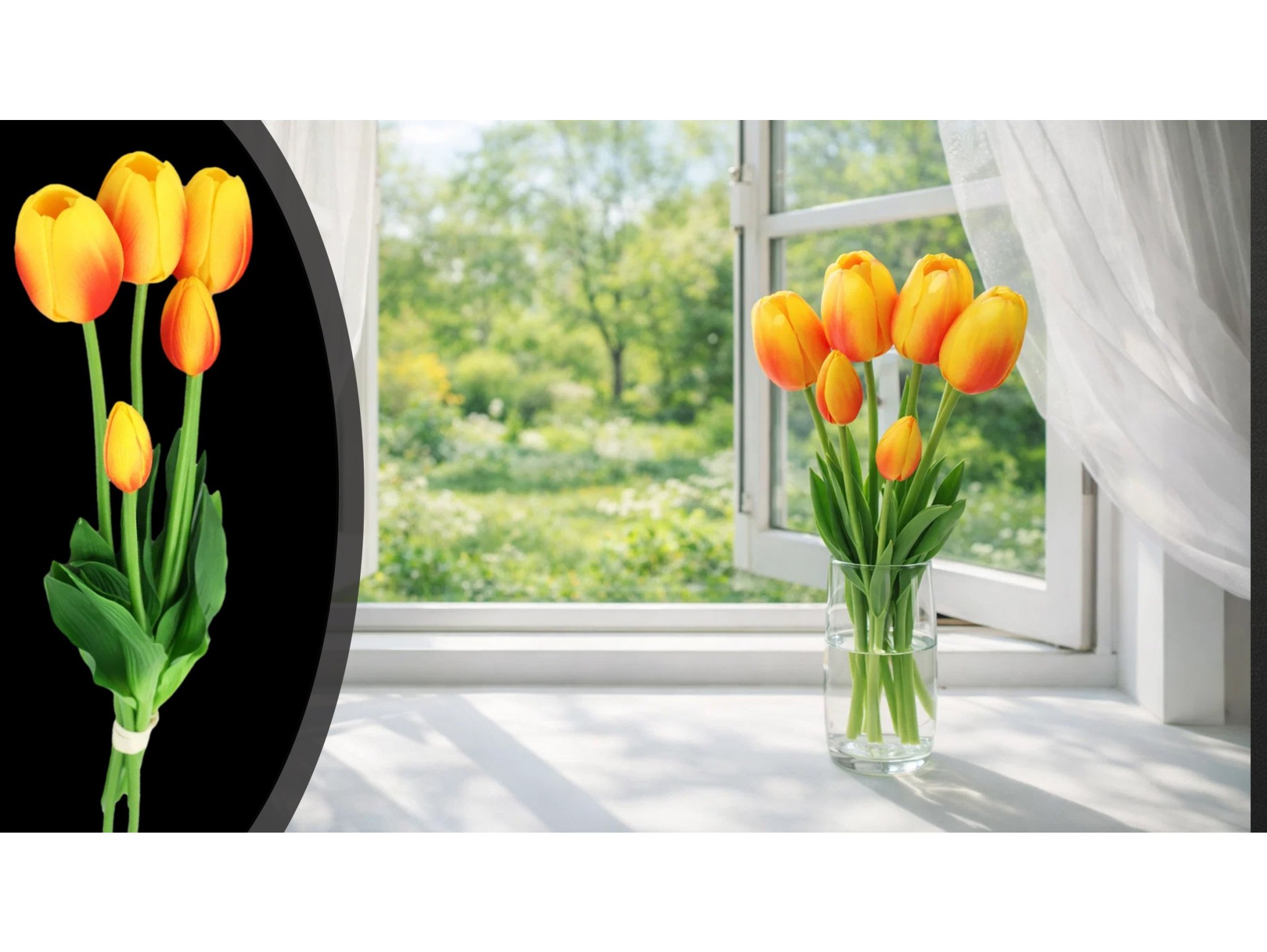 TULIPAN BUKIET SZTUCZNY GUMOWY 46CM (3 kwiaty 5x4cm + pąki) POMARAŃCZOWO-BIAŁY 3SZT