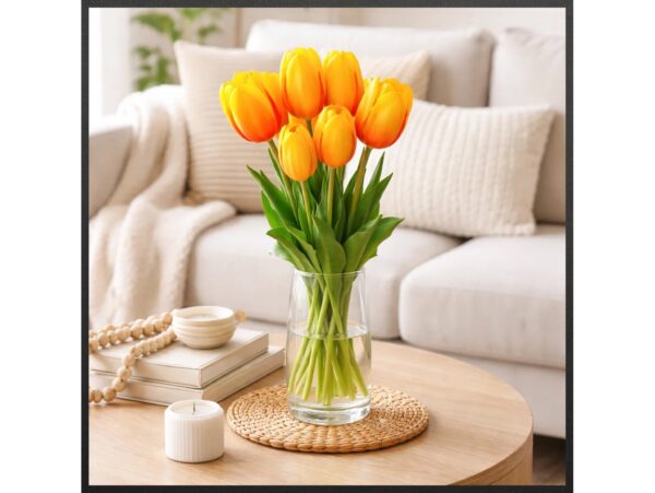 TULIPAN BUKIET SZTUCZNY GUMOWY 46CM (3 kwiaty 5x4cm + pąki) POMARAŃCZOWO-BIAŁY 3SZT