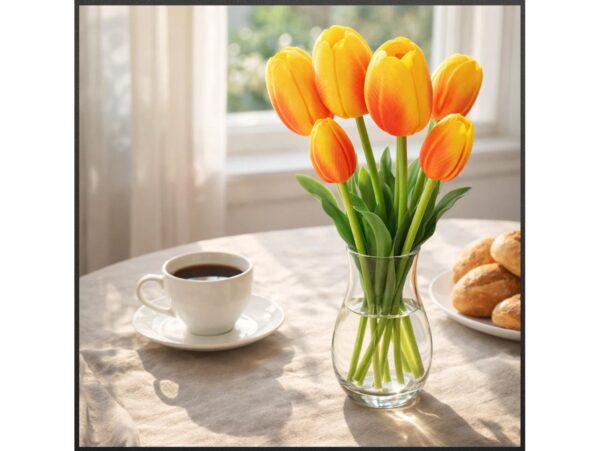 TULIPAN BUKIET SZTUCZNY GUMOWY 46CM (3 kwiaty 5x4cm + pąki) - pomarańczowo-czerwony