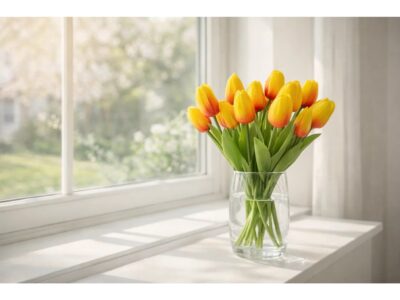 TULIPAN PIANKOWY SZTUCZNY 34CM (kwiat 4,5x3,5cm) - pomarańczowo-czerwony