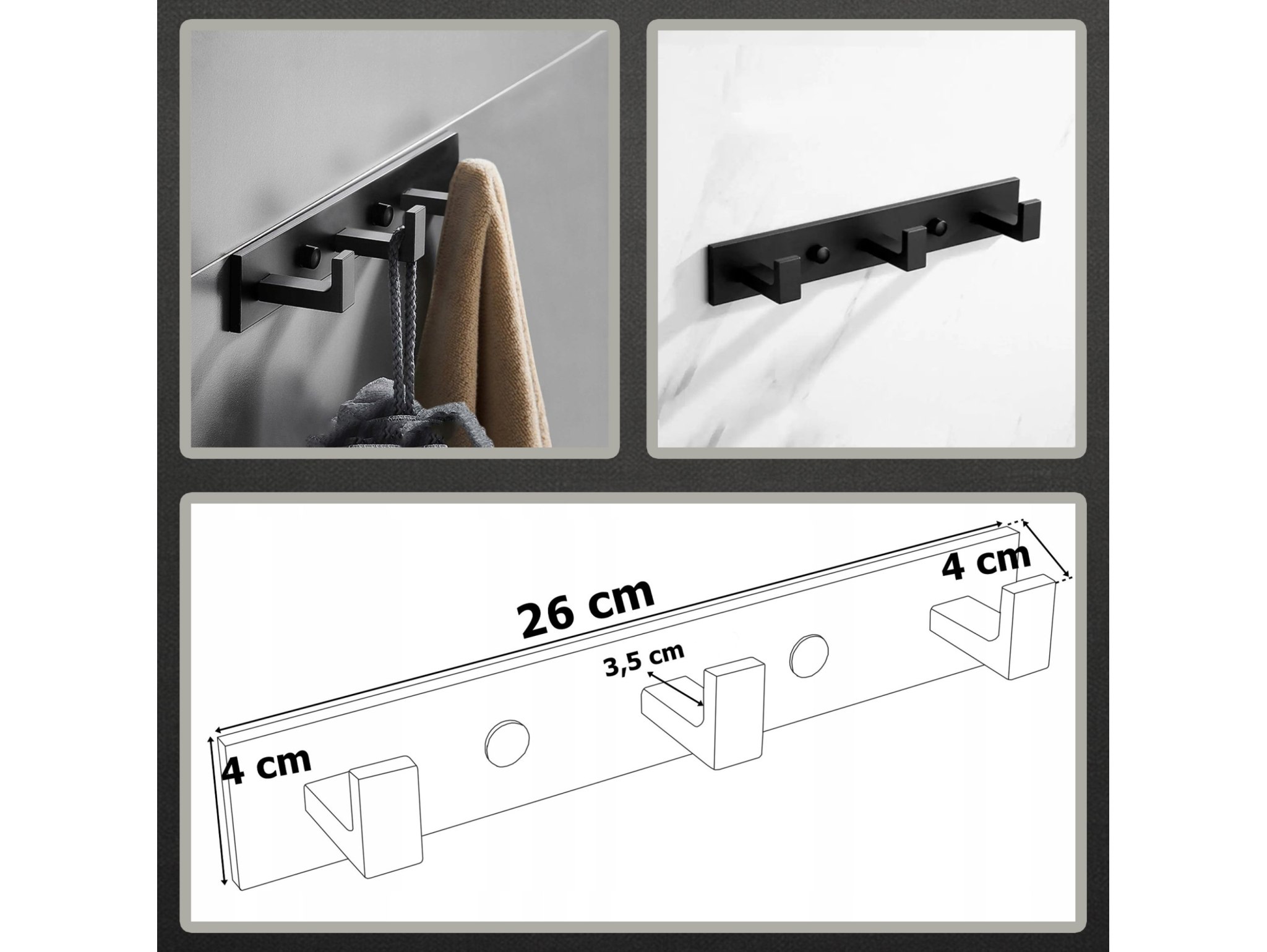 WIESZAK ŁAZIENKOWY NA RĘCZNIKI 3 HACZYKI 23CM - czarny