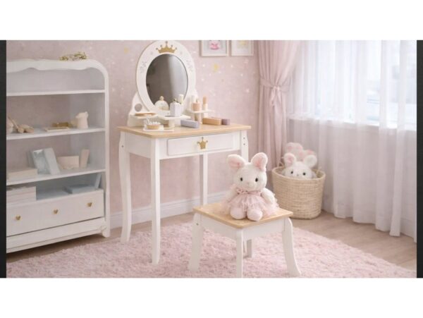 IKONKA TOALETKA DREWNIANA DLA DZIEWCZYNKI LULILO BELLA LUSTRO TABORET AKCESORIA